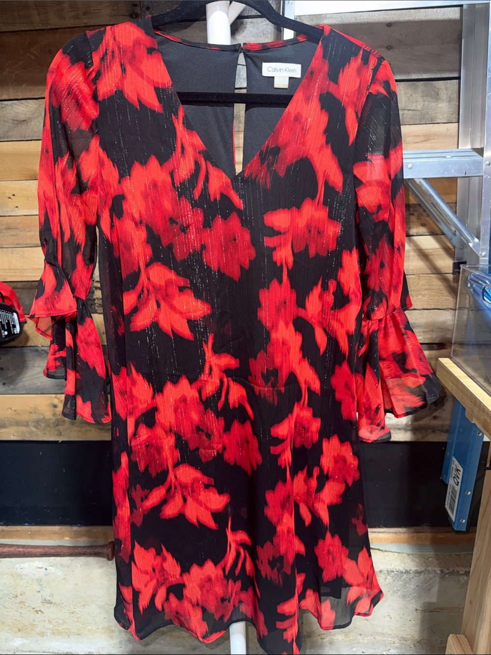 Calvin Klein Black Midi Dress with Red Floral Print Size 6